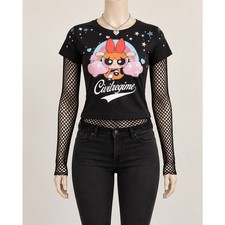 Civil Regime x Powerpuff Girls Blossom Baby Tee Black Y2K Graphic Crop Top L picture