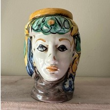 Vintage Sicilian Moor's Head vase Caltagirone woman 4.5”ceramic signed picture