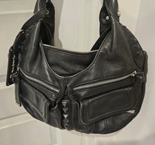 B Makowsky Black Leather Studded Satchel Handbag Leopard Lining Multi Pocket picture