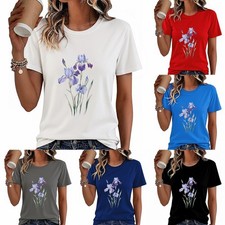 Women's Flower Printed Graphic T-Shirt Casual Short Sleeve Crew Neck Tee S-3XL √ picture