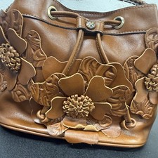 Patricia Nash Floral Applique Leather Elisa Bucket Bag Cognac New picture