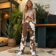 Women's Genuine Hair On Cowhide Leather Pants Brown White Cow Print Trousers picture