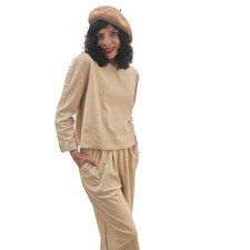 Vintage 1990s Sonia Rykiel Track Suit Beige Velour Gold Logo Buttons Top Pants picture