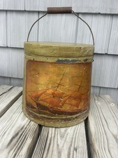 Antique Wood Mincemeat Firkin With Ship Scene, Original Paint And Handle picture