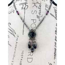 1928 Victorian Revival Silver Black Crystal Pendant Necklace Gothic Statement picture