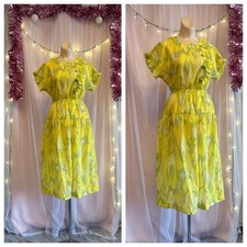 Vintage 70s Does 40s Sheer Midi Dress Yellow Green Ruffle Trim Preppy Sundress M picture