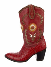 Frye Red Western Cowboy Boots US 9 Sunflower Embroidered Croc Embossed picture