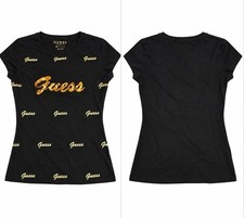GUESS Women’s Black Gold Logo Sequin T-Shirt Size M Y2K McBling Graphic Tee picture