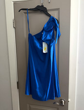 Women's Blue One-Shoulder Satin Mini Dress w/ Bow, Zip Closure, Size S picture