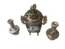 Vintage Chinese Cloisonné Enamel Dragon Tripod Censer Incense Burner & Bud Vases picture
