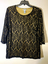Maggie Barnes for Catherines Blouse; 3X Black/Beige Lace Lined Scoop 3/4 picture