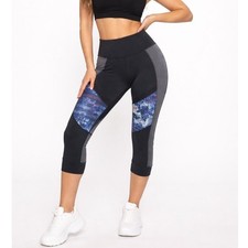 CALIA by Carrie Underwood Ribbed Capri Leggings Black Blue Boho Size L NWT picture