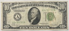 1928 -B $10 DOLLAR FEDERAL RESERVE  LIGHT GREEN  SEAL NOTE BOSTON . (Fine ) picture