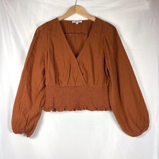 Madewell Double Gauze Smocked Peplum Top Orange Camel Small Long Sleeve V-Neck picture