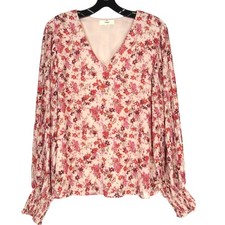 ENTRO Lined CREPE CHIFFON Pink Floral SMOCK WRIST Pleated TUNIC TOP/BLOUSE M picture