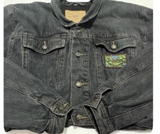 Rocky Girls Vintage Denim Jacket Black Wash 1957 Graphic Back Logo Patch Sz M picture