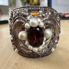 VTG Signed Napier Baroque Cuff Bracelet Faux Amethyst Pearl Silver Plate Book PC picture
