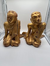 Antique 19thC Burmese Mandalay Gilt Wood Monk Statues Pair Sariputta Moggallana picture