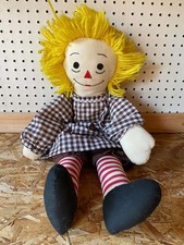 Vintage Handmade Rag Doll Yellow Yarn Hair Gingham Dress Primitive Folk Art Doll picture