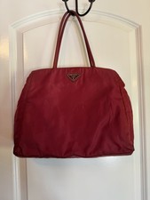 PRADA Women's Large Red Tote Bag Logo Plaque Zip Closure Lined Pockets picture