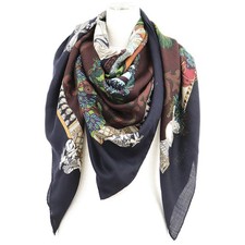 HERMES Carregeant 140 LE PARADIS DU ROY Cashmere/Silk Scarf Navy MadeInFrance picture