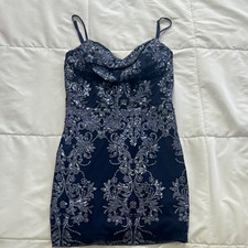 Windsor Navy Silver Sequin Floral Bodycon Corset Lace Up Mini Dress M picture