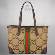 *Gucci Monogram Jumbo GG Calfskin Web Medium Ophidia Shopping Tote Brown Leather picture