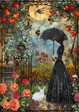 Whimsical girl with white rabbit umbrella flowers 2.5x3.5 ACEO landscape art picture
