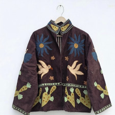 Artisan Quilted Corduroy Chore Coat Folk Art Embroidery Sun Birds Love Gypsy picture
