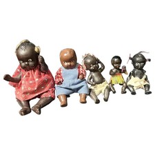 Vintage Lot 5 Black Miniature Baby Dolls Bisque Plastic Jointed Japan Germany HK picture