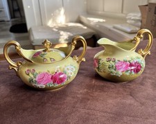 Antique T&V Limoges France Hand Painted Sugar w Lid & Creamer- Roses w Gold Trim picture