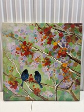 Original Hand Painted Birds on Tree Canvas Painting Textured Palette 28x28 Art picture
