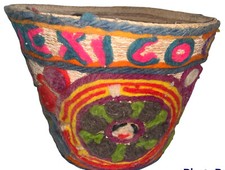 Vintage Mexican Yarn Art Basket Handmade 8.5” X 8” READ picture