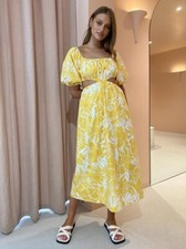 NWT Faithfull The Brand Shalia Midi Dress Yellow Floral Pattern Day Tea Size 8 picture