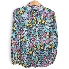 Talbots Top Womens Medium Button Front Shirt Green Multicolor Floral Long Sleeve picture
