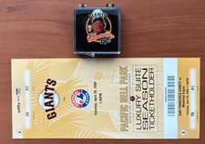 Willie Mays Personally Owned 75th Birthday Pin & First Win Against Expos Ticket picture