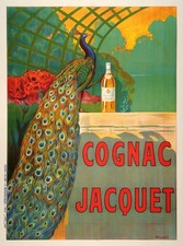 Original Vintage Cognac Jacquet Poster c1910 French Peacock by Camille Bouchet picture