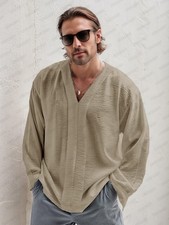 Stylish Leisure Simple Lightweight Khaki Pullover Top Long Sleeve Size XXL New picture