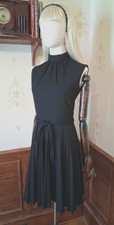 Vtg 60s MCM Koret of California Black Accordion Pleat High Neck Gothic Mod Dress picture