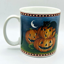VTG Sakura Haunted Hollow Halloween Mug David Carter Brown Black Cat Pumpkin picture