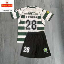 Kids CR7 C.Ronaldo 28 Sporting Lisbon Full Home Retro Kit LS/SS Shirt (Age 2-15) picture