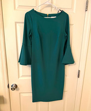 Calvin Klein Green Sheath Dress Bell Sleeves Round Neck Knee Length Crepe 6 picture