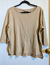 Chico's Women's Plus 18 Gold Metallic Glitter Knit Scoop Neck 3/4 Sleeve Top picture