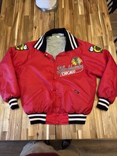 70s/80s Gunzo Chicago Blackhawks Medium Butwin red satin Jacket Vintage M/L picture