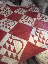 Antique c 1890 Hand-Stitched Red & White Basket Quilt – 78”with GREAT Provenance picture