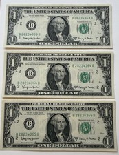 1963 A One Dollar Bill Lot of (3) Consecutive Serial Numbers Uncirculated BU picture