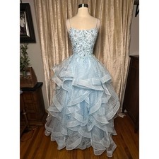 VTG Sherri Hill Swiss Dot Tiered Gown Size 2 Blue Jeweled Corset Bodice Pageant picture