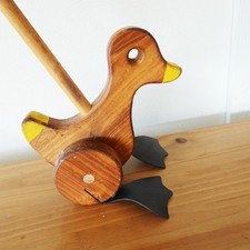 Vintage Wooden Duck Push Stick Walking Toy Rubber Flapper Feet Handmade picture