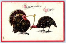 c1910's Thanksgiving Turkeys With Wishbone Embossed Tuck Posted Antique Postcard picture