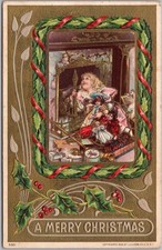 c1910s CHRISTMAS Postcard Little Girl & Dolls Looking Up Chimney for Santa Claus picture